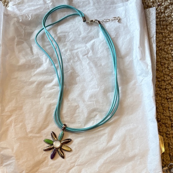 Jewelry - Multi-Color Flower Pendant Necklace - Turquoise Cord